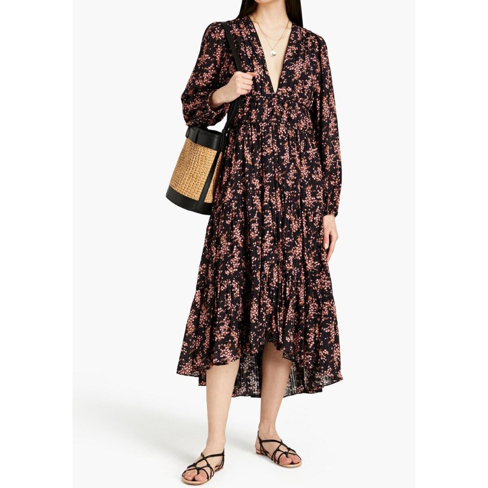 Ulla Johnson Black and Pink Floral Midi Dress
